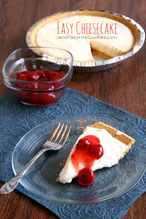 Easy No-Bake Cheesecake from JensFavoriteCookies.com - All you need is 10 minutes, 3 ingredients, and a graham cracker crust!