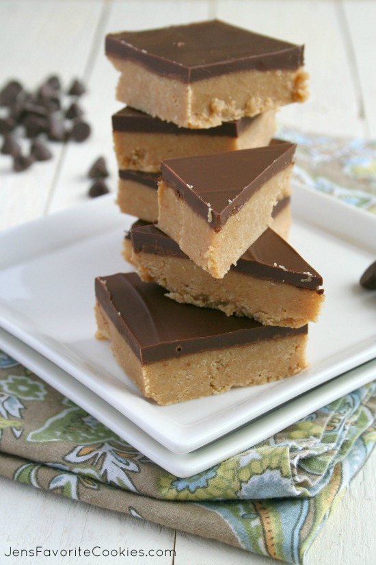 Easy No-Bake Peanut Butter Bars from JensFavoriteCookies.com  -  Just 5 ingredients and NO baking!  It's an instant family favorite.