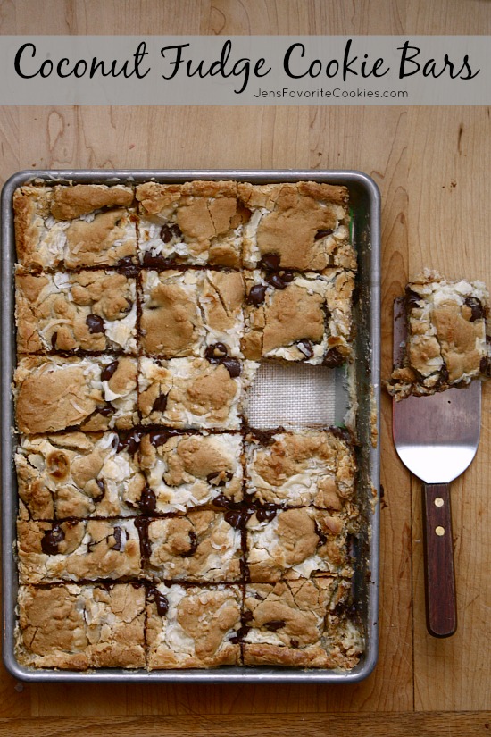 Coconut Fudge Chocolate Chip Cookie Bars from JensFavoriteCookies.com 