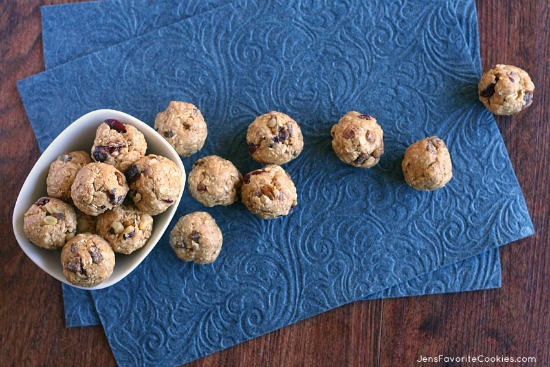 Peanut Butter Granola Bites from JensFavoriteCookies.com  -  packed with protein, dried fruits, and nuts.