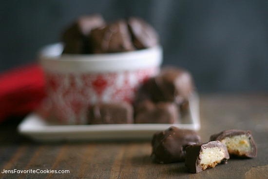 Chocolate Dipped Cheesecake Bites from JensFavoriteCookies.com