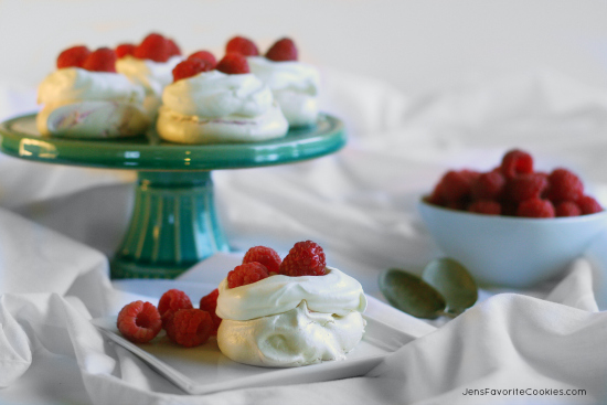 Lemon Raspberry Meringues from JensFavoriteCookies.com  #RaspberryDesserts  - Fresh fruit makes the best dessert!