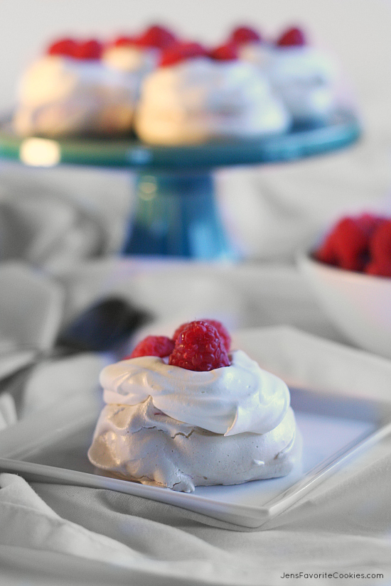 Lemon Raspberry Meringues from JensFavoriteCookies.com  #RaspberryDesserts  - Fresh fruit makes the best dessert!