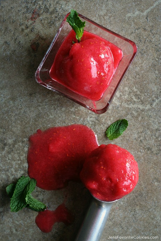 Raspberry Sorbet from JensFavoriteCookies.com  -  very easy to make and refreshing!