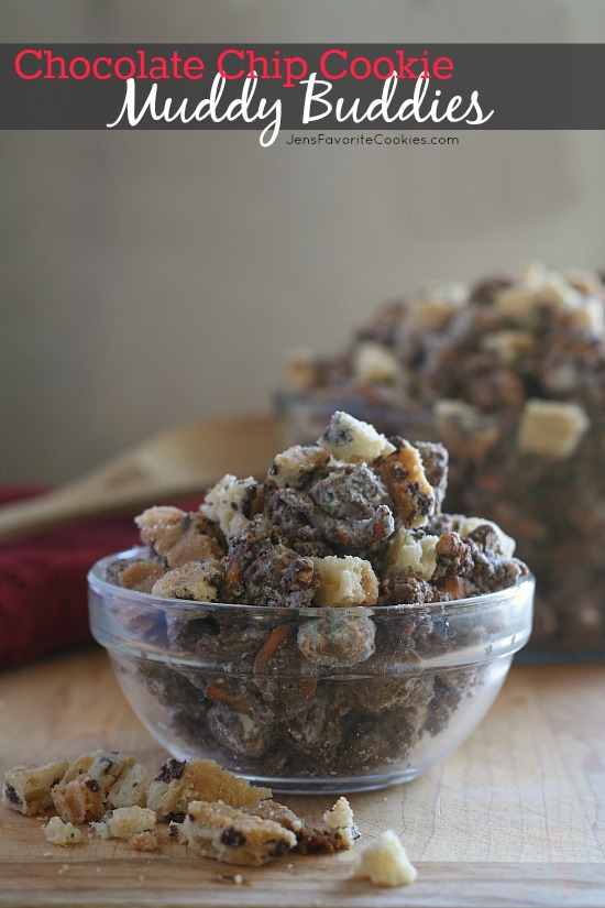 Chocolate Chip Cookie Muddy Buddies from JensFavoriteCookies.com - popcorn, pretzels, and cookie bark make this fun version of the classic snack!