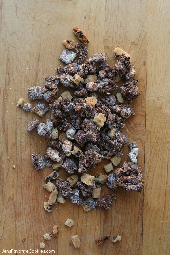 Chocolate Chip Cookie Muddy Buddies from JensFavoriteCookies.com - popcorn, pretzels, and cookie bark make this fun version of the classic snack!