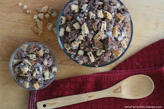 Chocolate Chip Cookie Muddy Buddies from JensFavoriteCookies.com - popcorn, pretzels, and cookie bark make this fun version of the classic snack!