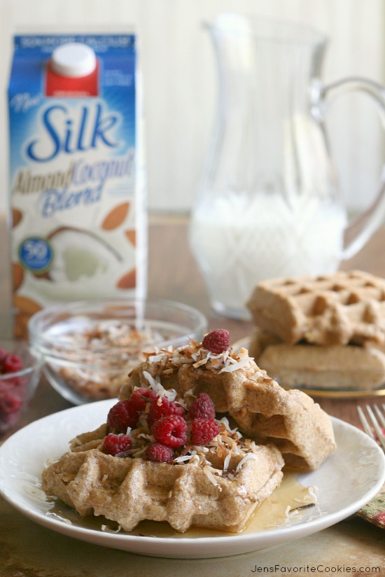 Whole Wheat Coconut Waffles from JensFavoriteCookies.com - use almond milk to make these waffles healthy and delicious!