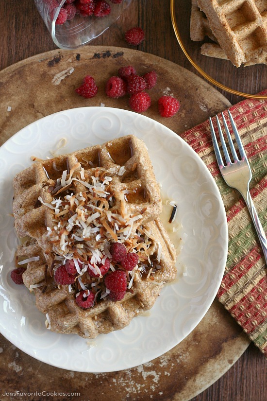 Whole Wheat Coconut Waffles from JensFavoriteCookies.com - use almond milk to make these waffles healthy and delicious!