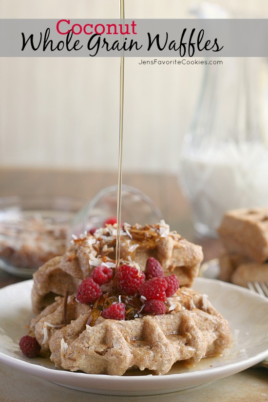 Whole Wheat Coconut Waffles from JensFavoriteCookies.com - use almond milk to make these waffles healthy and delicious!