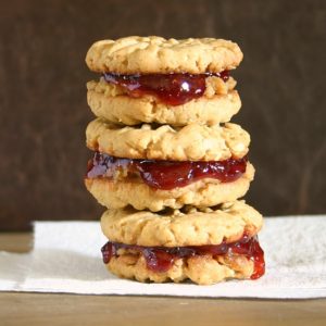 Peanut Butter & Jelly Sandwich Cookies from Jen's Favorite Cookies - Peanut butter cookies sandwiched with peanut butter filling and jam.