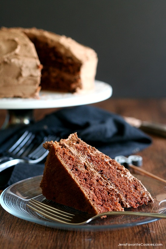 Grandma's Chocolate Cake from JensFavoriteCookies.com - not too rich!  This cake and frosting both have a mild chocolate flavor.