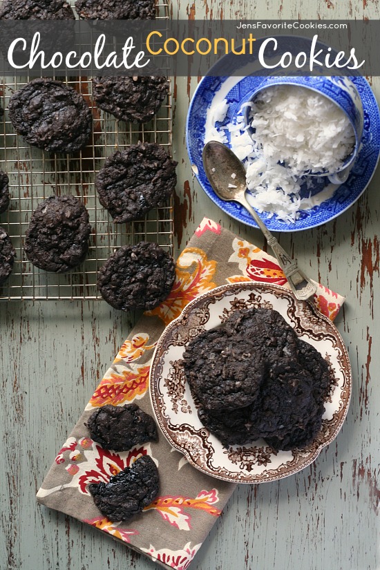 Dark Chocolate Coconut Cookies from JensFavoriteCookies.com - These rich, black, dark chocolate cookies are chock full of coconut!