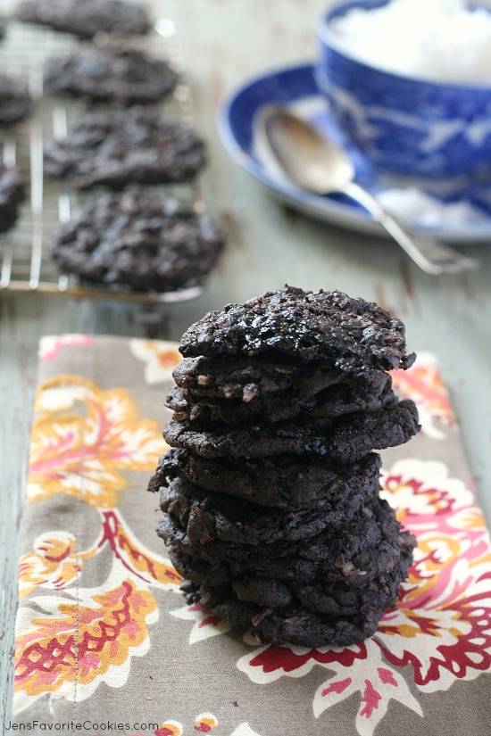 Dark Chocolate Coconut Cookies from JensFavoriteCookies.com - These rich, black, dark chocolate cookies are chock full of coconut!