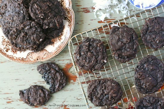 Dark Chocolate Coconut Cookies from JensFavoriteCookies.com - These rich, black, dark chocolate cookies are chock full of coconut!