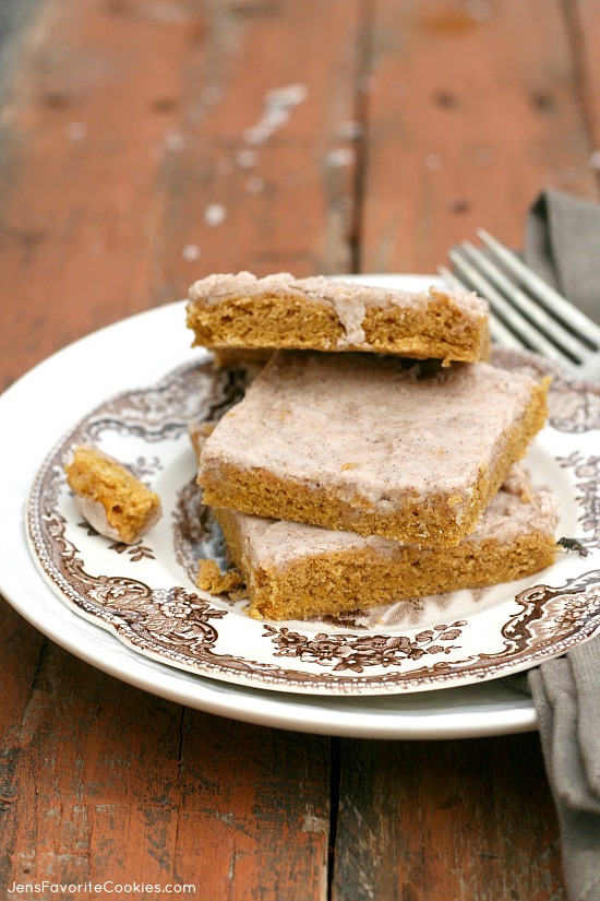 Egg-free Pumpkin Bars with Cinnamon Frosting from JensFavoriteCookies.com - These will put you in the mood for fall!