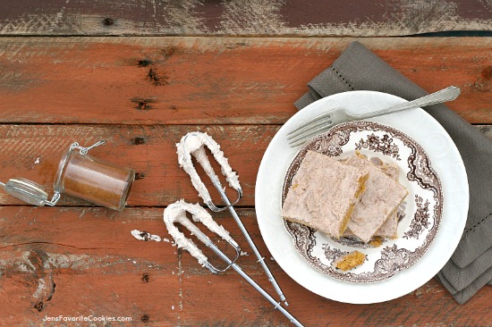 Egg-free Pumpkin Bars with Cinnamon Frosting from JensFavoriteCookies.com - These will put you in the mood for fall!