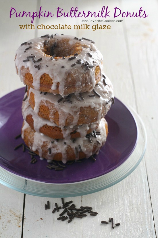 Pumpkin Buttermilk Donuts with Chocolate Milk Glaze from JensFavoriteCookies.com