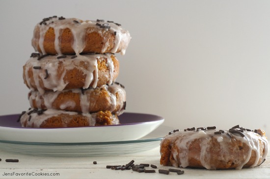 Pumpkin Buttermilk Donuts with Chocolate Milk Glaze from JensFavoriteCookies.com