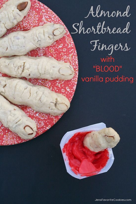 Almond Shortbread Fingers and "BLOOD" Vanilla Pudding from JensFavoriteCookies.com - a fun treat for Halloween!