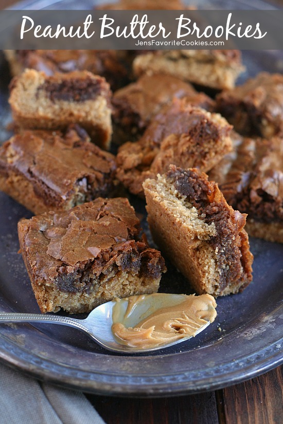 Peanut Butter Brookies from JensFavoriteCookies.com - a layer of peanut butter cookie and a layer of brownie, the ultimate dessert power couple!