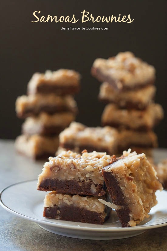 Samoas Brownies from JensFavoriteCookies.com - Fudgy brownies with a caramel coconut pecan toppping inspired by Samoas Cookies!