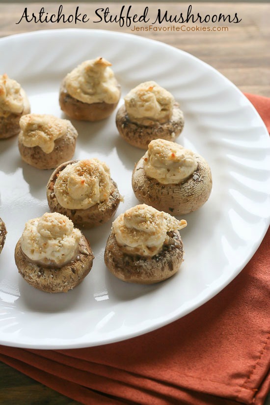 Artichoke Stuffed Mushrooms from JensFavoriteCookies.com - a great meat-free appetizer!