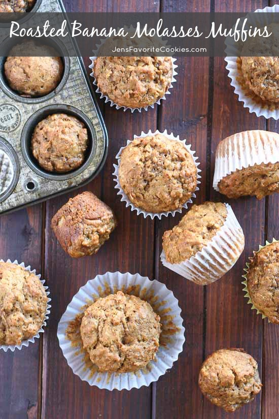 Roasted Banana Molasses Muffins from JensFavoriteCookies.com - Molasses makes these muffins extra healthy, comforting and delicious! #ad